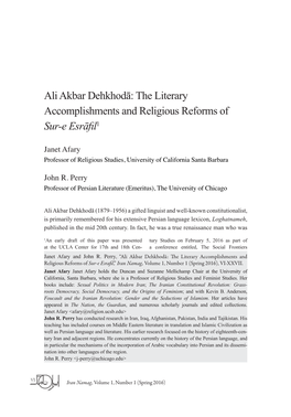 Ali Akbar Dehkhodā: the Literary Accomplishments and Religious Reforms of Sur-E Esrāfil1