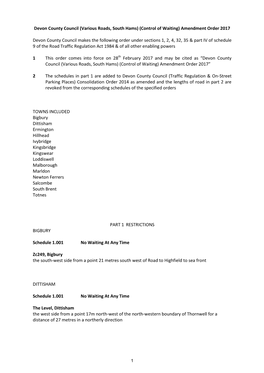 Devon County Council (Various Roads, South Hams) (Control of Waiting) Amendment Order 2017