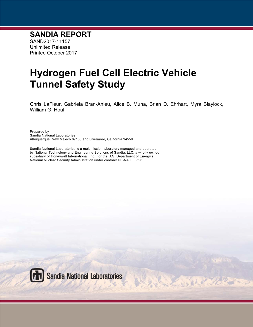 Hydrogen Fuel Cell Electric Vehicle Tunnel Safety Study