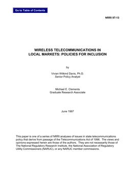 Wireless Telecommunications in Local Markets: Policies for Inclusion