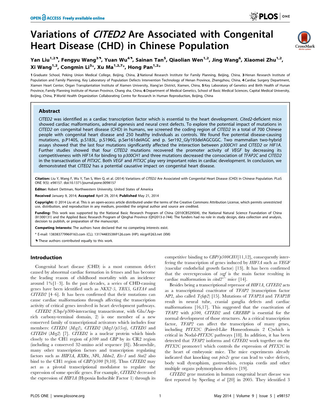 Variations of CITED2 Are Associated with Congenital Heart Disease (CHD) in Chinese Population