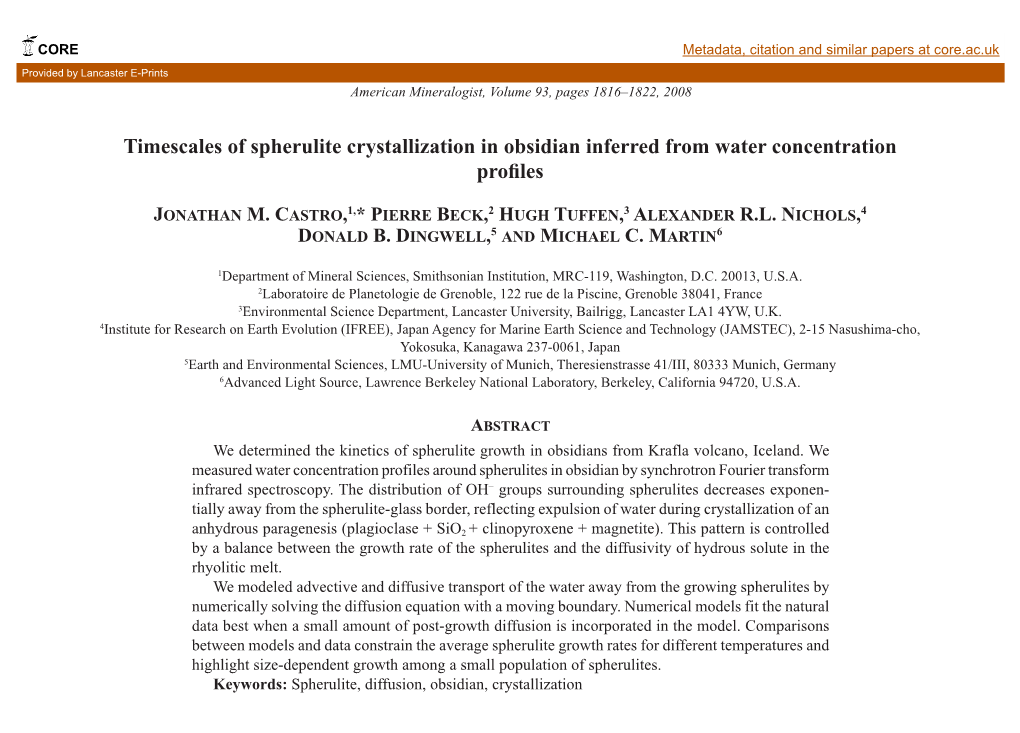 Timescales of Spherulite Crystallization in Obsidian Inferred from Water Concentration Profiles