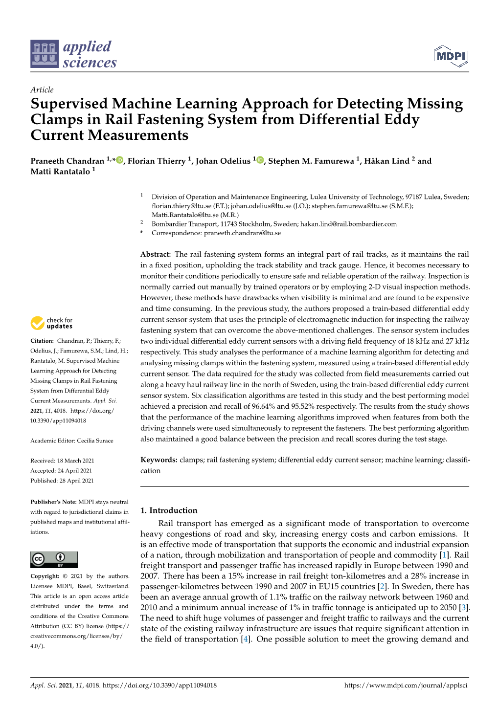 Supervised Machine Learning Approach for Detecting Missing Clamps in Rail Fastening System from Differential Eddy Current Measurements