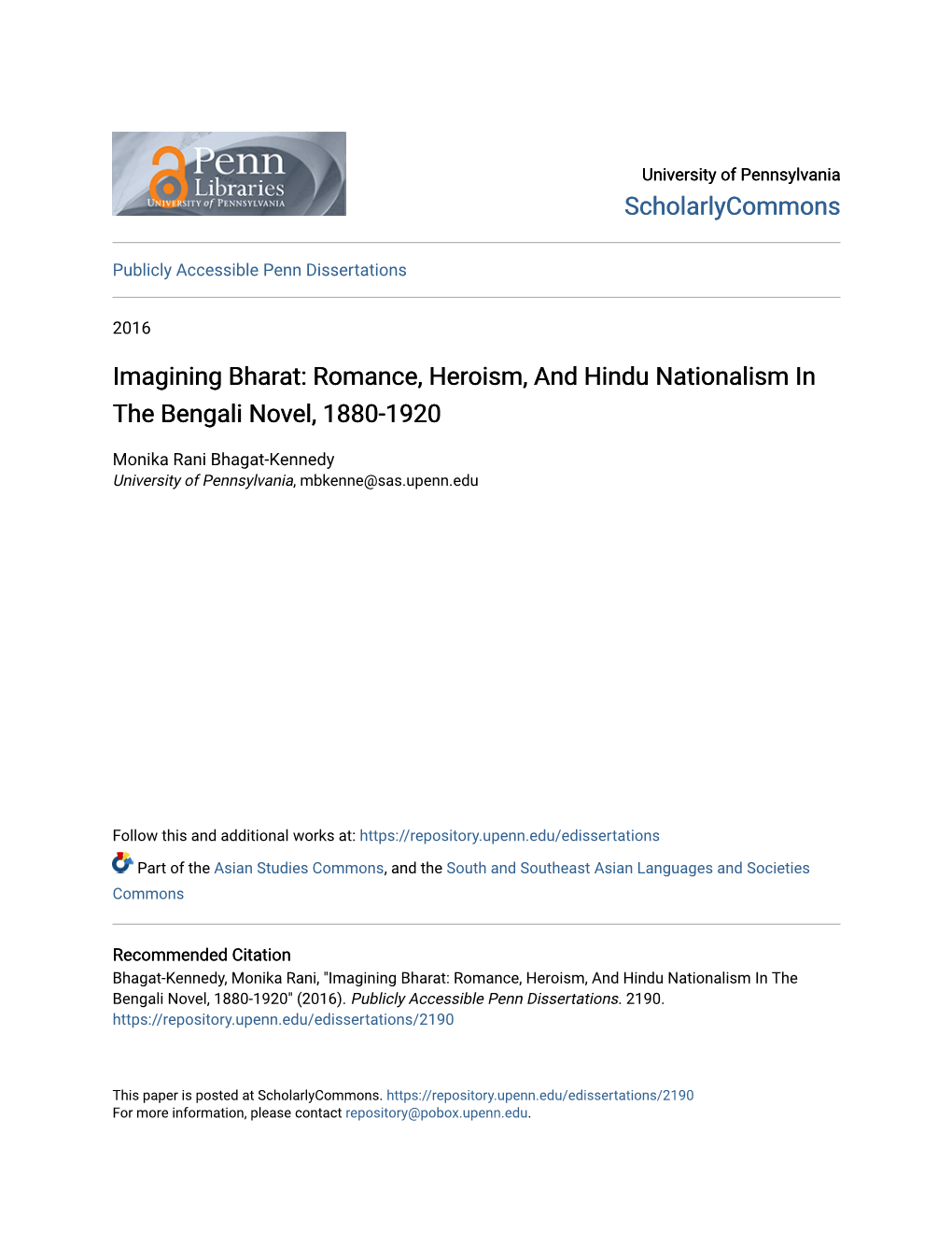 Romance, Heroism, and Hindu Nationalism in the Bengali Novel, 1880-1920