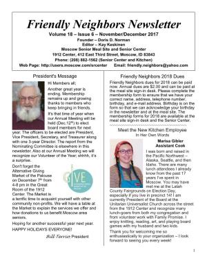 Friendly Neighbors Newsletter Volume 18 – Issue 6 – Novem Ber/December 2017 Founder – Doris D