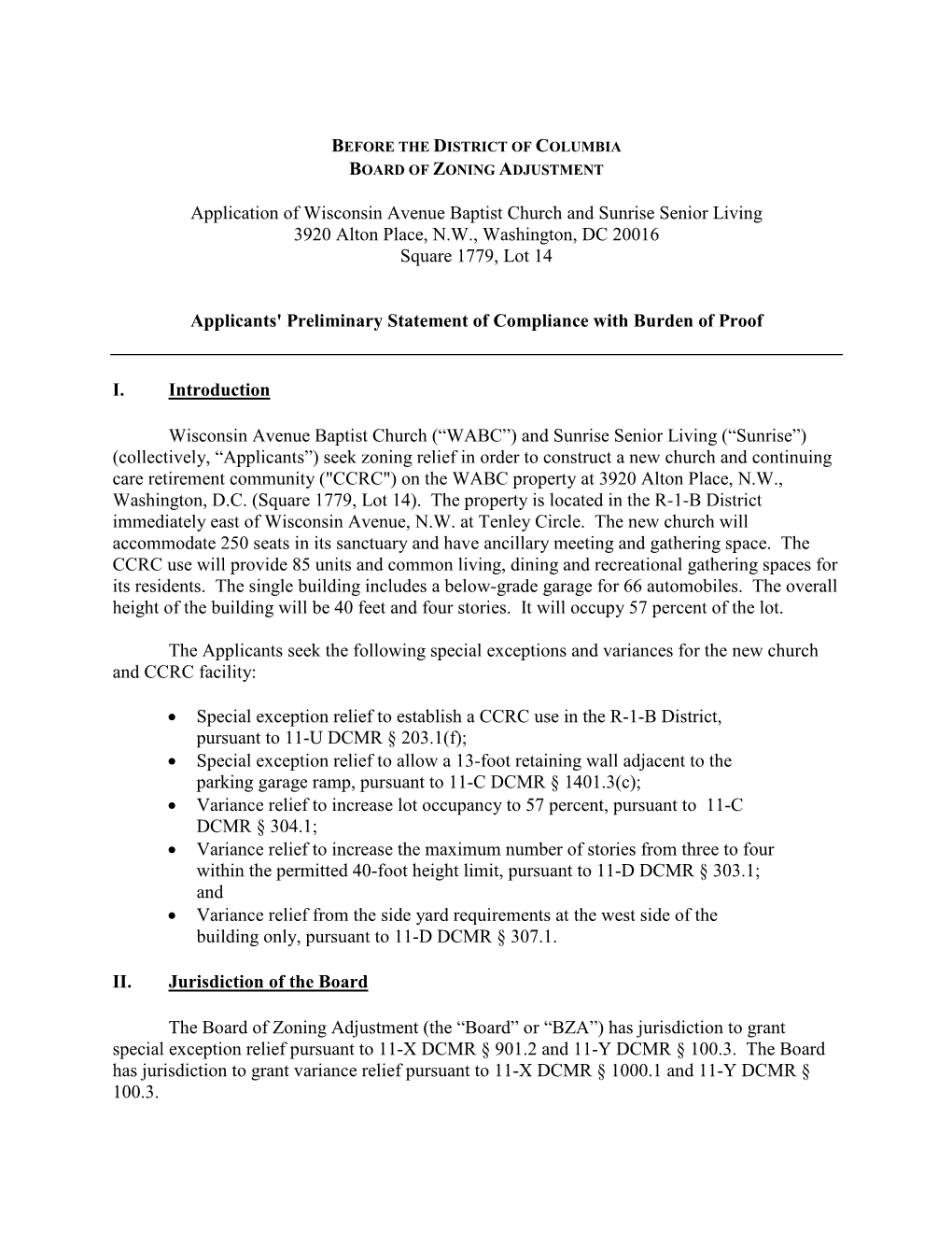 Application of Wisconsin Avenue Baptist Church and Sunrise Senior Living 3920 Alton Place, N.W., Washington, DC 20016 Square 1779, Lot 14