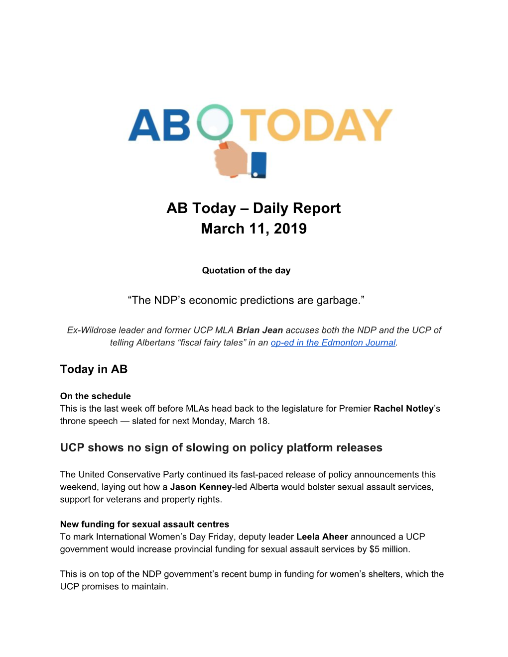 AB Today – Daily Report March 11, 2019