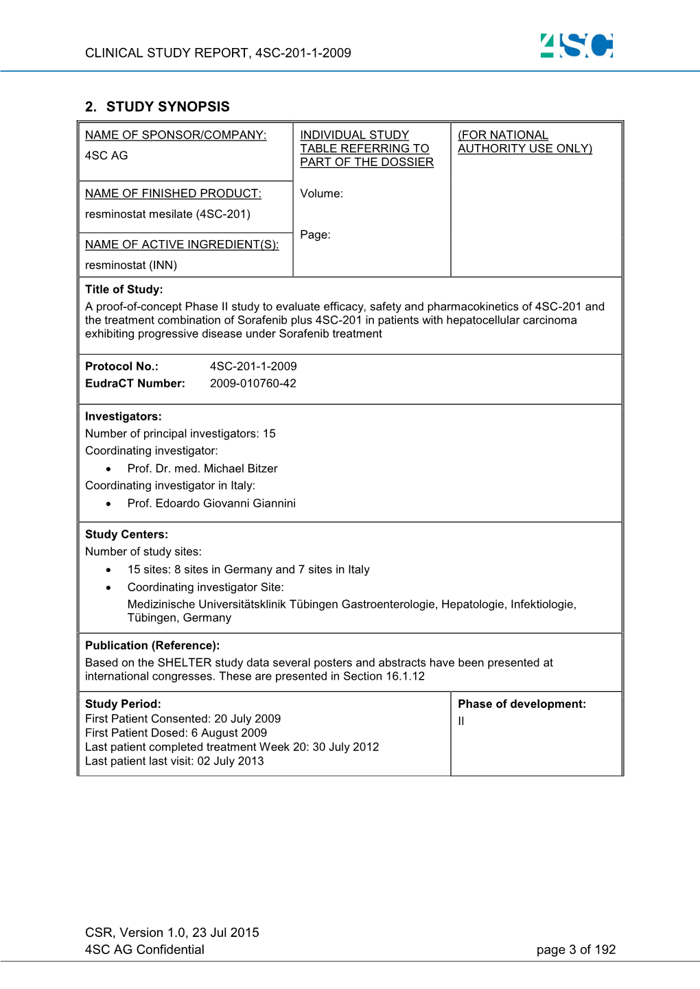 Synopsis Clinical Study Report