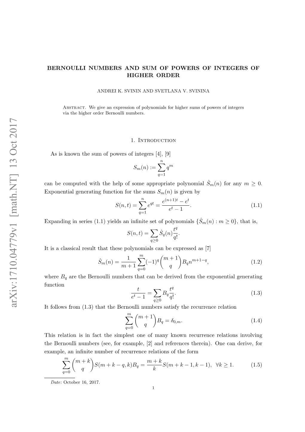 Arxiv:1710.04779V1 [Math.NT]