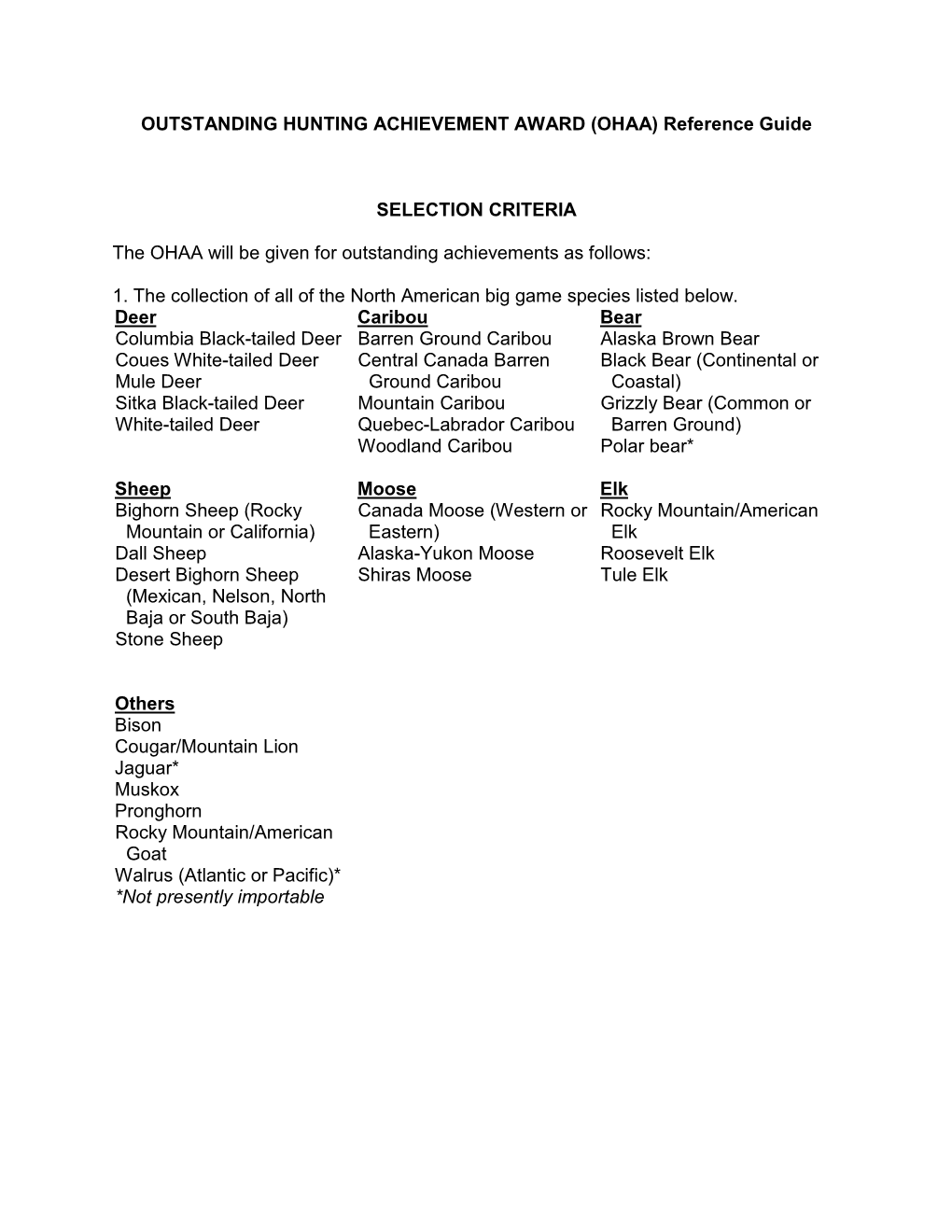 OUTSTANDING HUNTING ACHIEVEMENT AWARD (OHAA) Reference Guide SELECTION CRITERIA the OHAA Will Be Given for Outstanding Achieveme