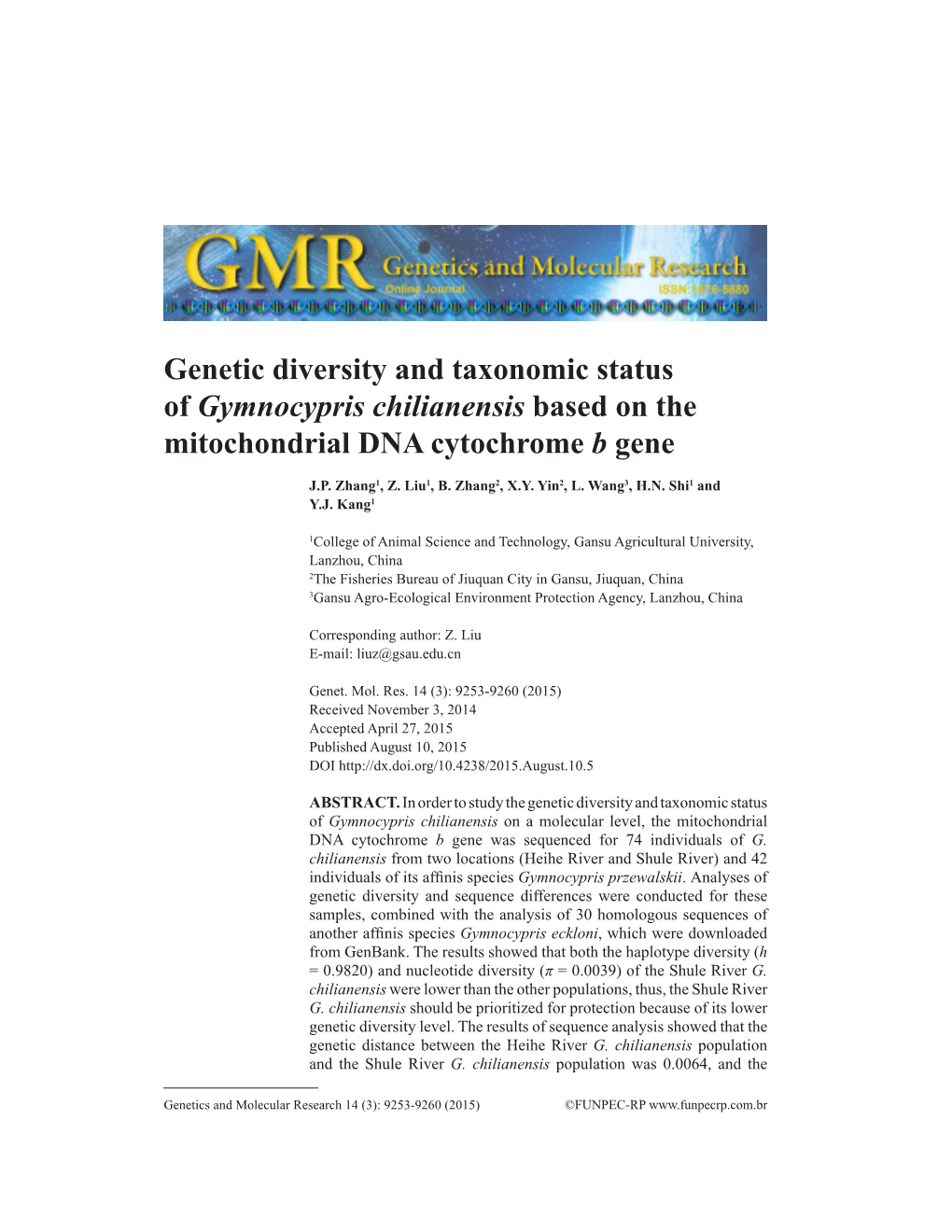 Genetic Diversity and Taxonomic Status of Gymnocypris Chilianensis Based on the Mitochondrial DNA Cytochrome B Gene