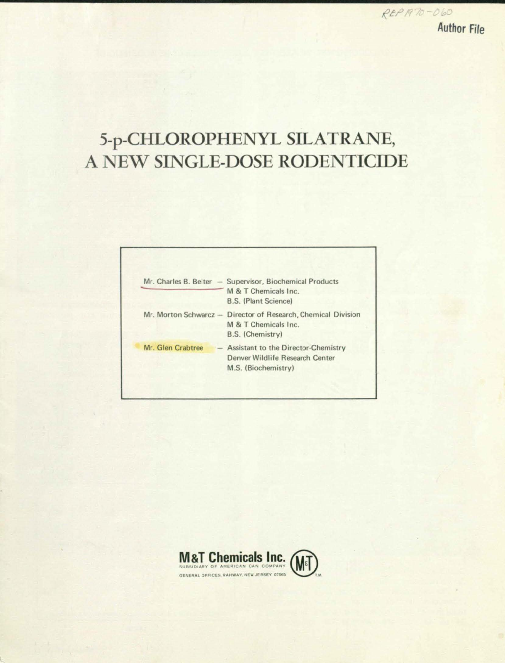 5-P-CHLOROPHENYL SILATRANE, a NEW SINGLE-DOSE RODENTICIDE