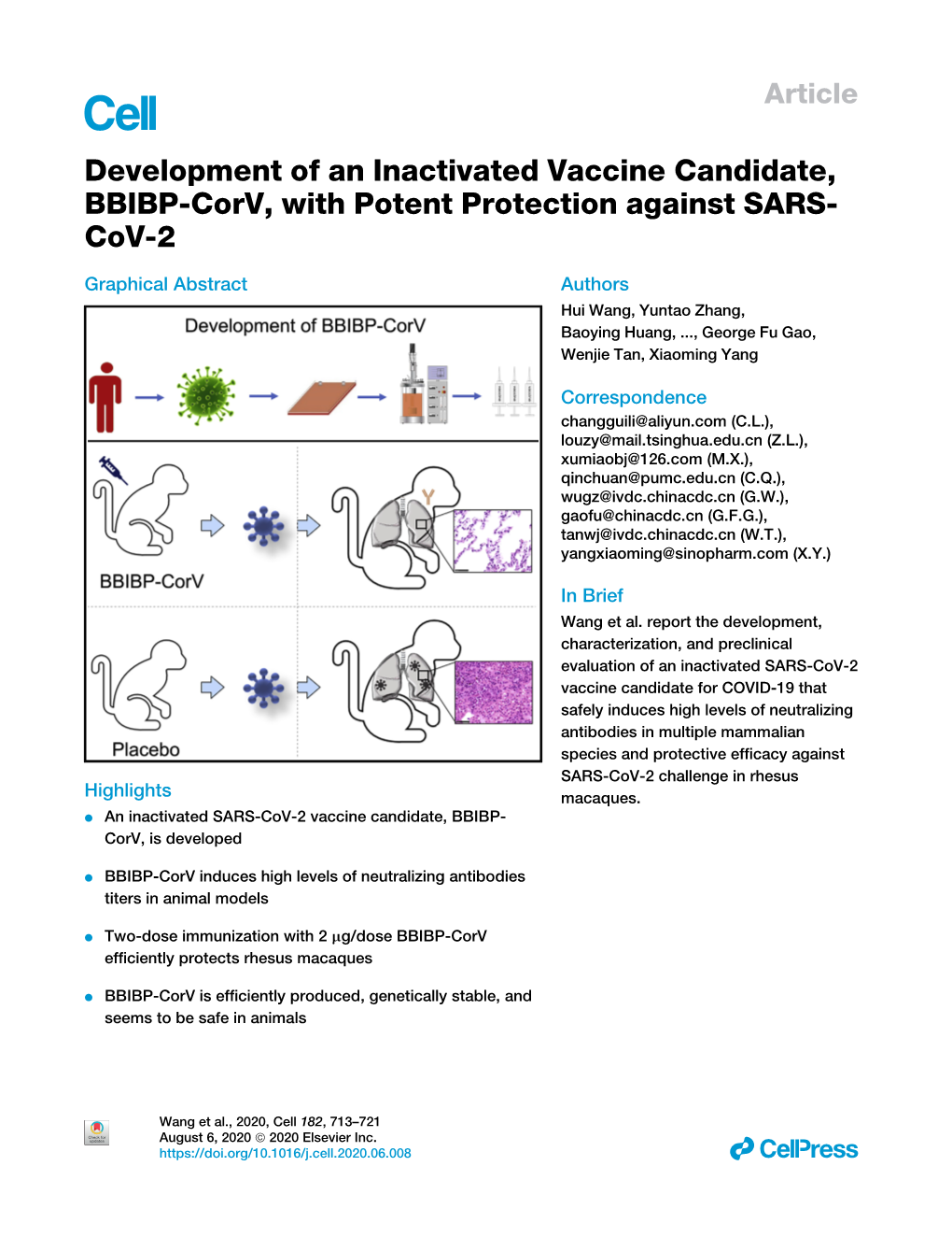 Development of an Inactivated Vaccine Candidate, BBIBP-Corv, with Potent Protection Against SARS- Cov-2