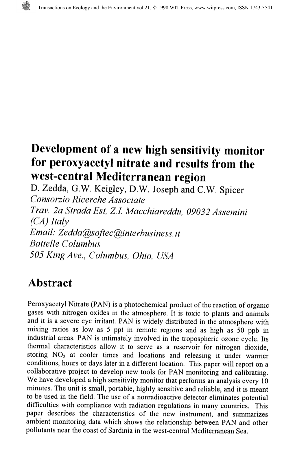 Development of a New High Sensitivity Monitor for Peroxyacetyl Nitrate And