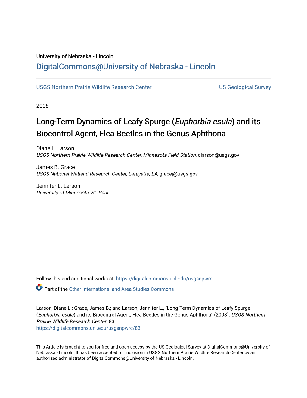 (Euphorbia Esula) and Its Biocontrol Agent, Flea Beetles in the Genus Aphthona