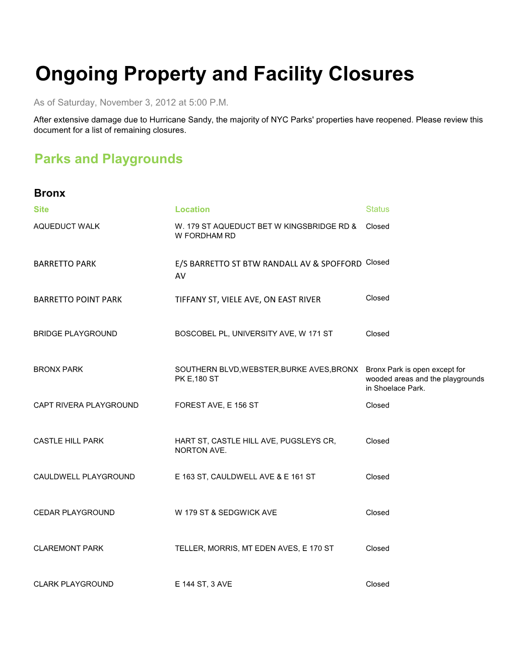 Ongoing Property and Facility Closures Parks And