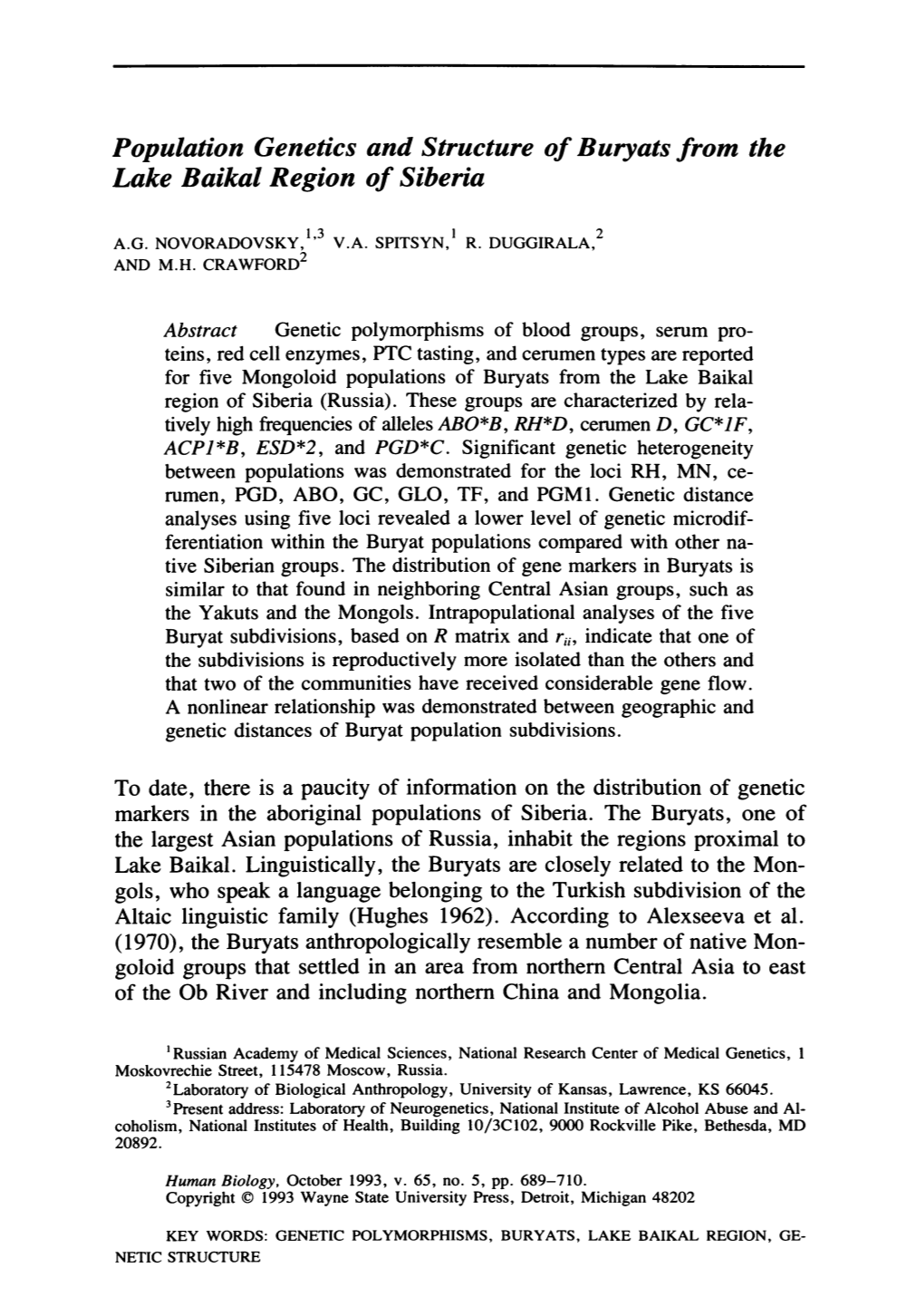 Population Genetics and Structure of Buryats from the Lake Baikal Region of Siberia