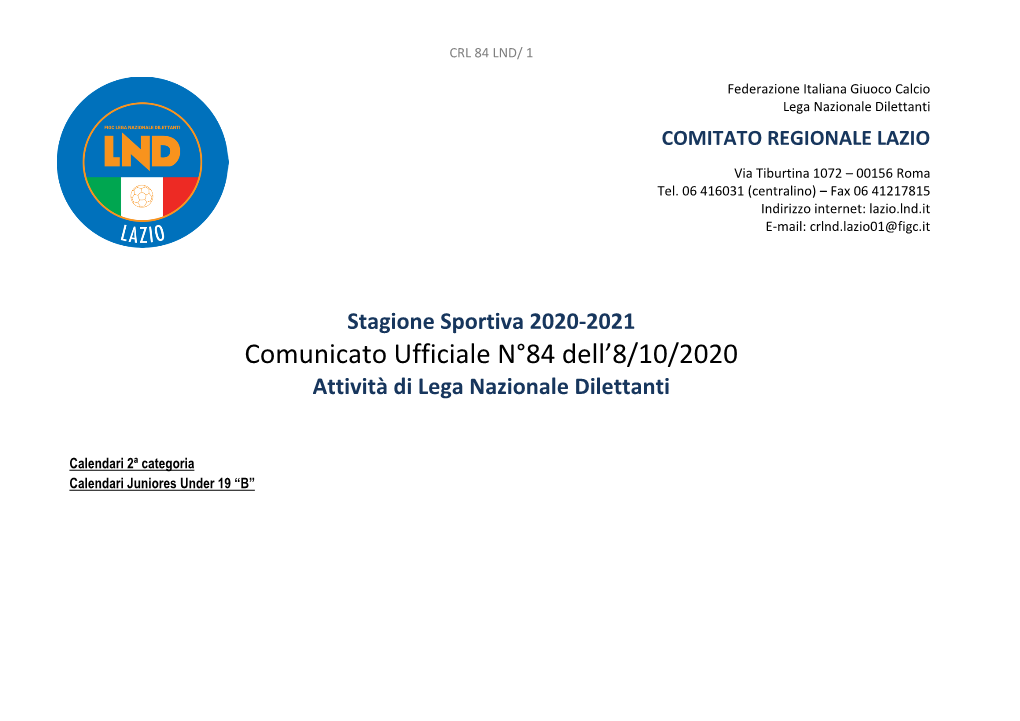 Comunicato Ufficiale N°84 Dell'8/10/2020