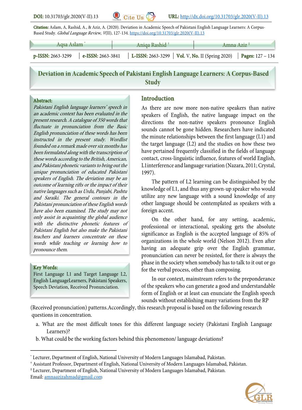 Deviation in Academic Speech of Pakistani English Language Learners: a Corpus- Based Study