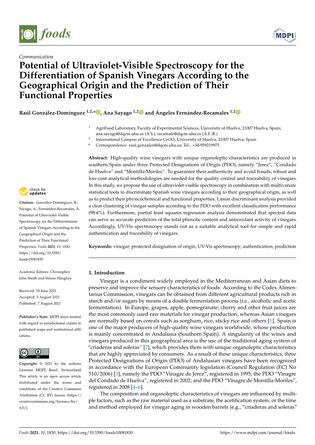 Potential of Ultraviolet-Visible Spectroscopy for the Differentiation