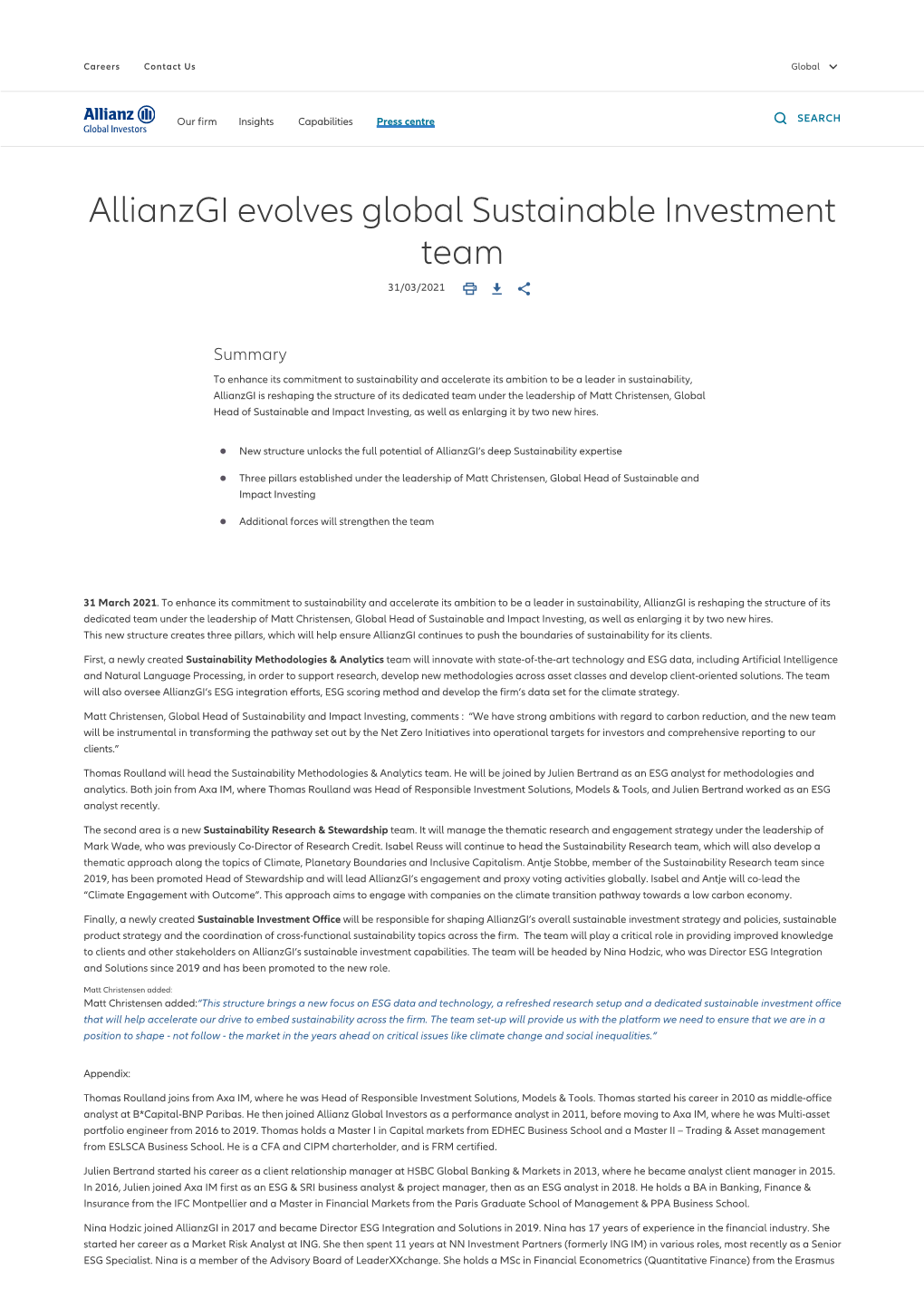 Allianzgi Evolves Global Sustainable Investment Team 31/03/2021   