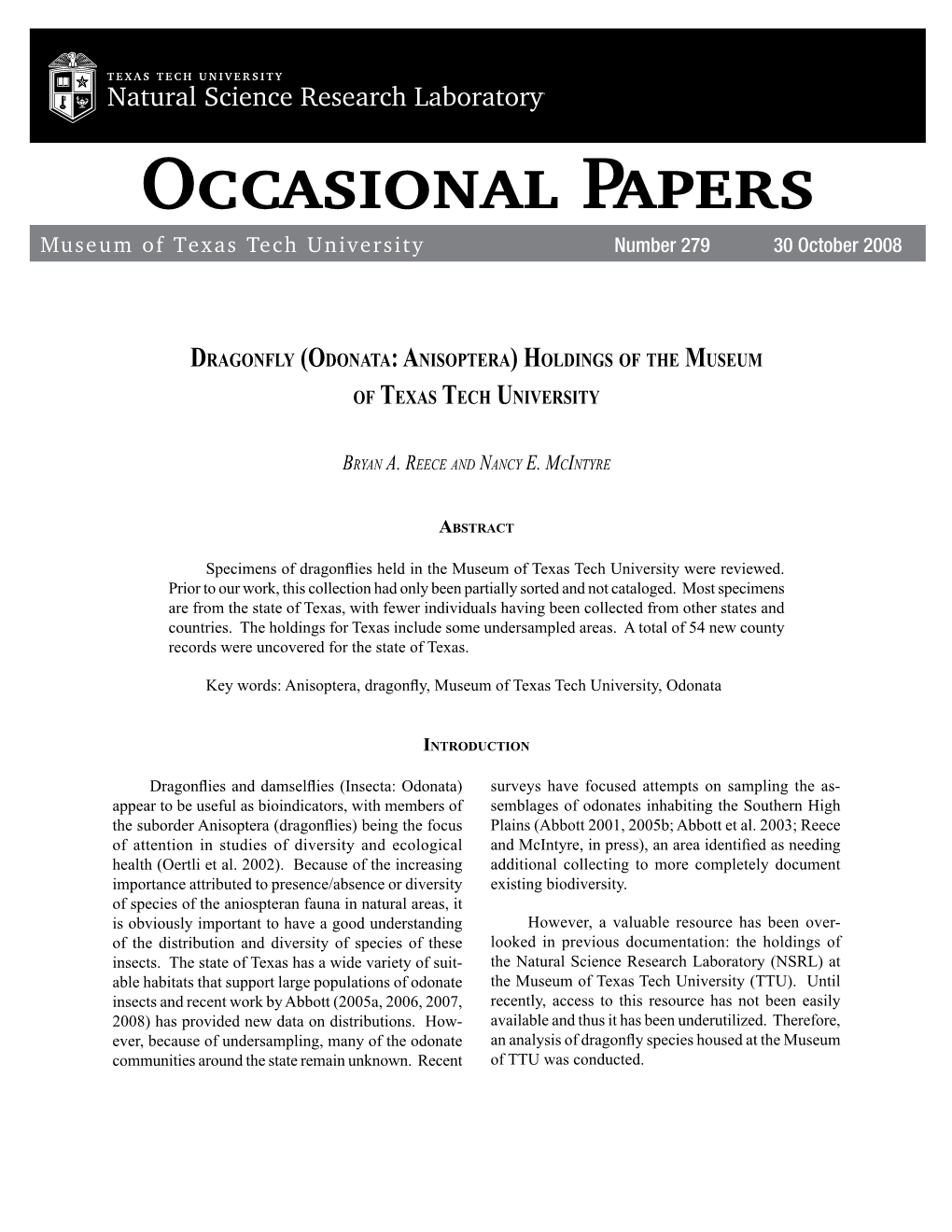 Occasional Papers Museum of Texas Tech University Number 279 30 October 2008