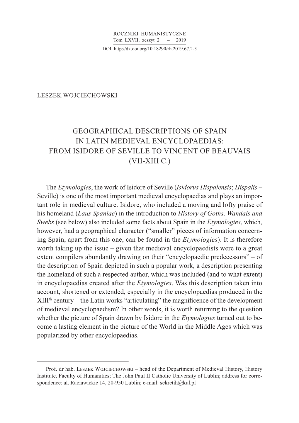 Geographical Descriptions of Spain in Latin Medieval Encyclopaedias: from Isidore of Seville to Vincent of Beauvais (Vii-Xiii C.)