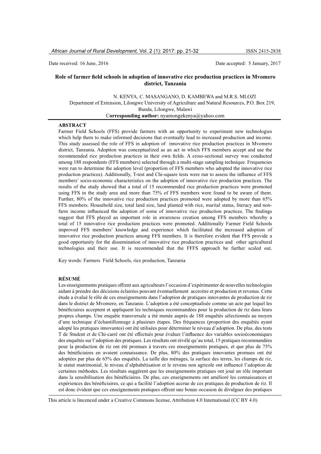 Role of Farmer Field Schools in Adoption of Innovative Rice Production Practices in Mvomero District, Tanzania