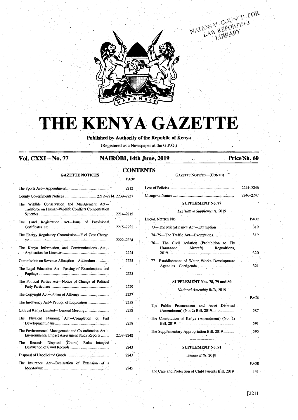THE KENYA GAZETTE Published by Authority of the Republic of Kenya '� (Registered As a Newspaper at the G.P.O.) � Vol