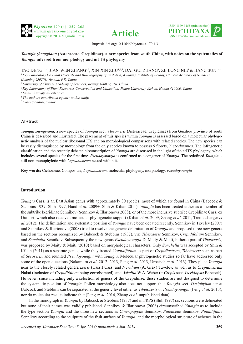 Youngia Zhengyiana (Asteraceae, Crepidinae), a New Species from South China, with Notes on the Systematics of Youngia Inferred from Morphology and Nrits Phylogeny