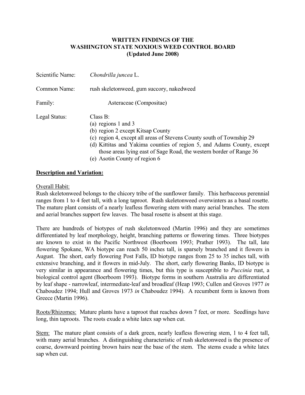WRITTEN FINDINGS of the WASHINGTON STATE NOXIOUS WEED CONTROL BOARD (Updated June 2008)