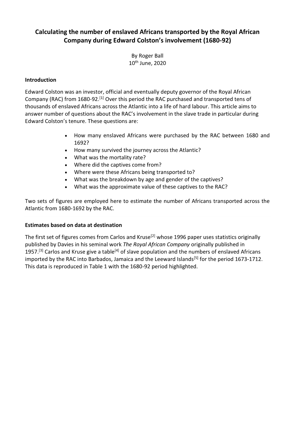 Calculating the Number of Enslaved Africans Transported by the Royal African Company During Edward Colston’S Involvement (1680-92)