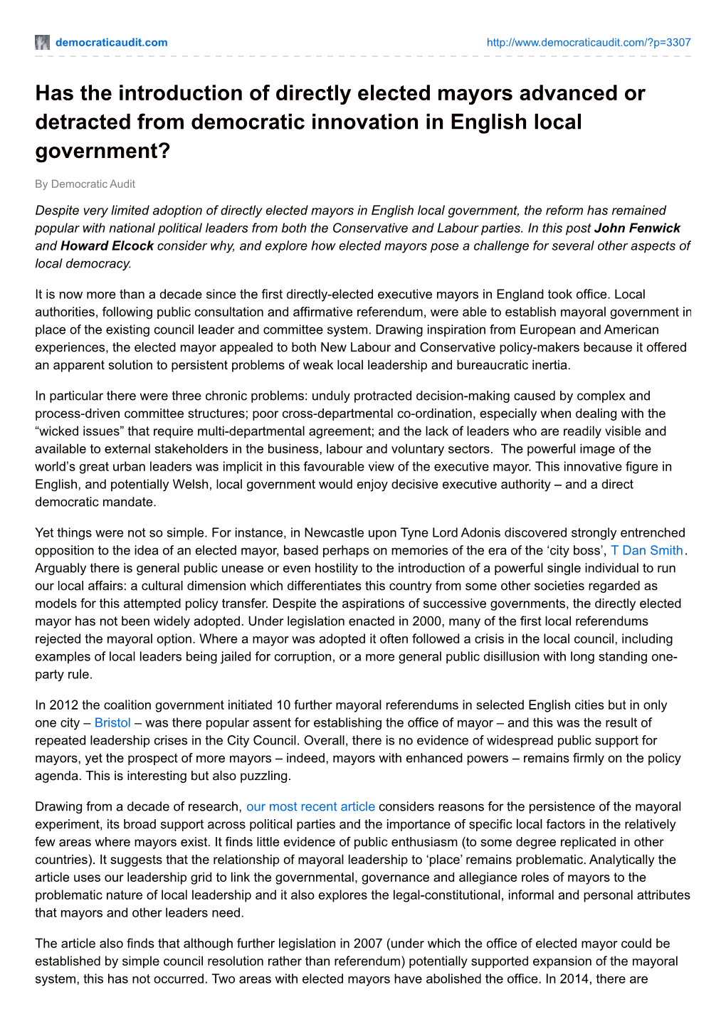 Has the Introduction of Directly Elected Mayors Advanced Or Detracted from Democratic Innovation in English Local Government?