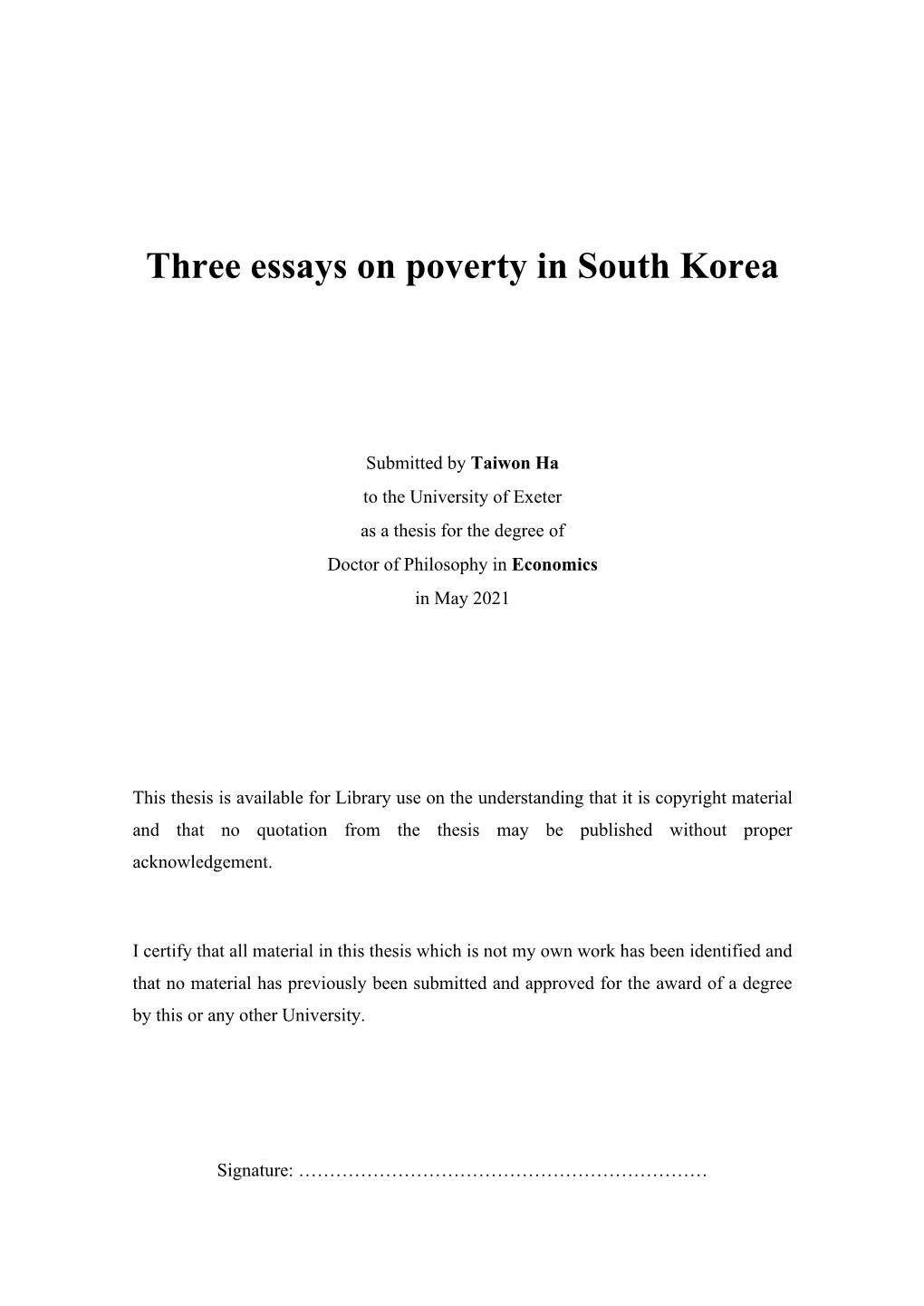 Three Essays on Poverty in South Korea