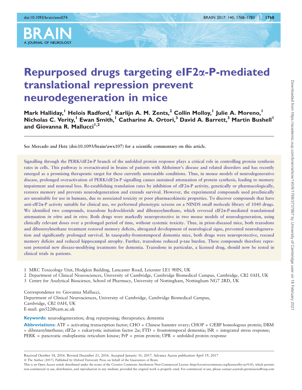 Repurposed Drugs Targeting Eif2a-P-Mediated Translational Repression Prevent Neurodegeneration in Mice