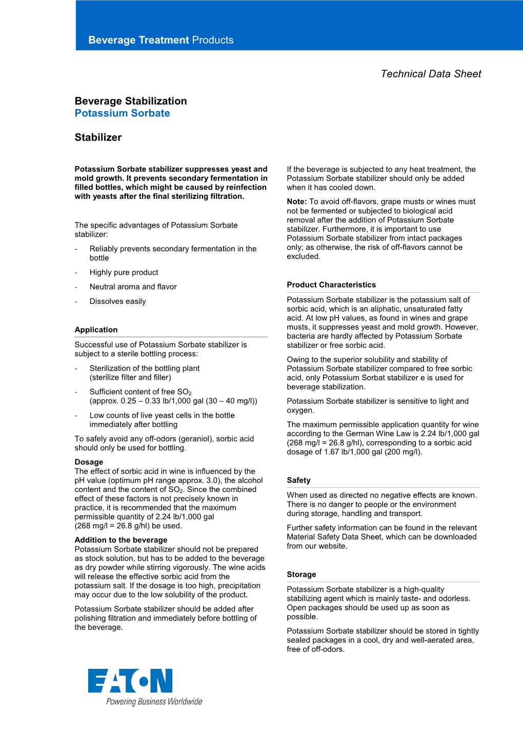 Eaton Potassium Sorbate Technical Data Sheet EN