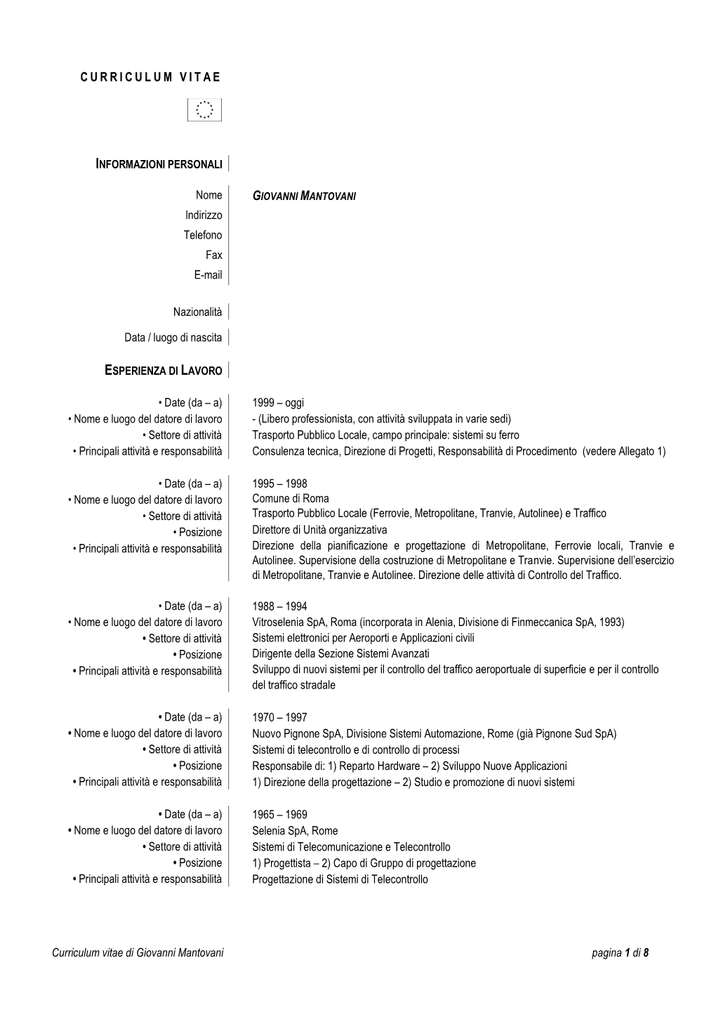 Curriculum Vitae Di Giovanni Mantovani Pagina 1 Di 8 Nome