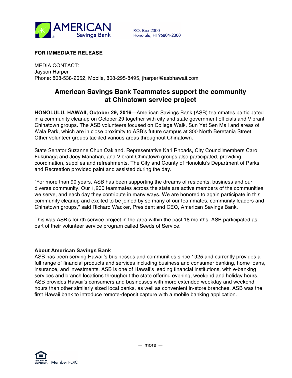 American Savings Bank Teammates Support the Community at Chinatown Service Project