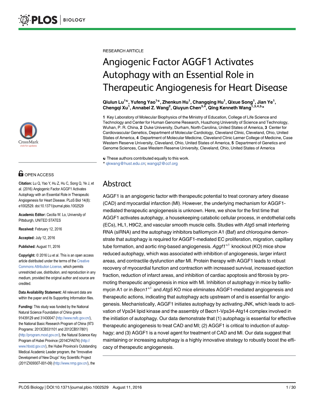 Angiogenic Factor AGGF1 Activates Autophagy with an Essential Role in Therapeutic Angiogenesis for Heart Disease