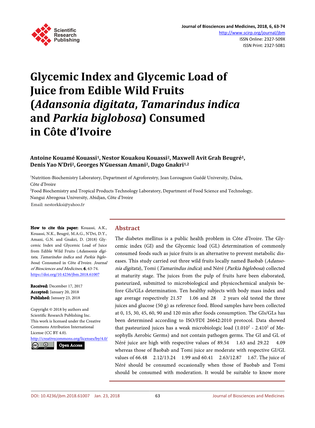 Glycemic Index and Glycemic Load of Juice from Edible Wild Fruits (Adansonia Digitata, Tamarindus Indica and Parkia Biglobosa) Consumed in Côte D’Ivoire
