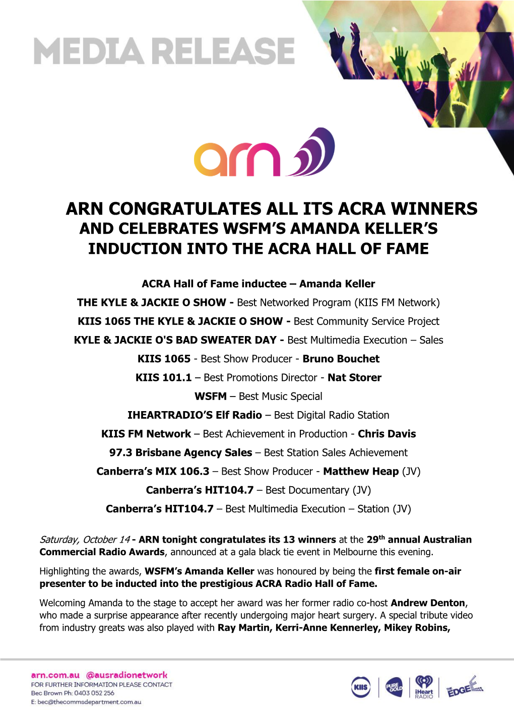 Arn Congratulates All Its Acra Winners and Celebrates Wsfm’S Amanda Keller’S Induction Into the Acra Hall of Fame