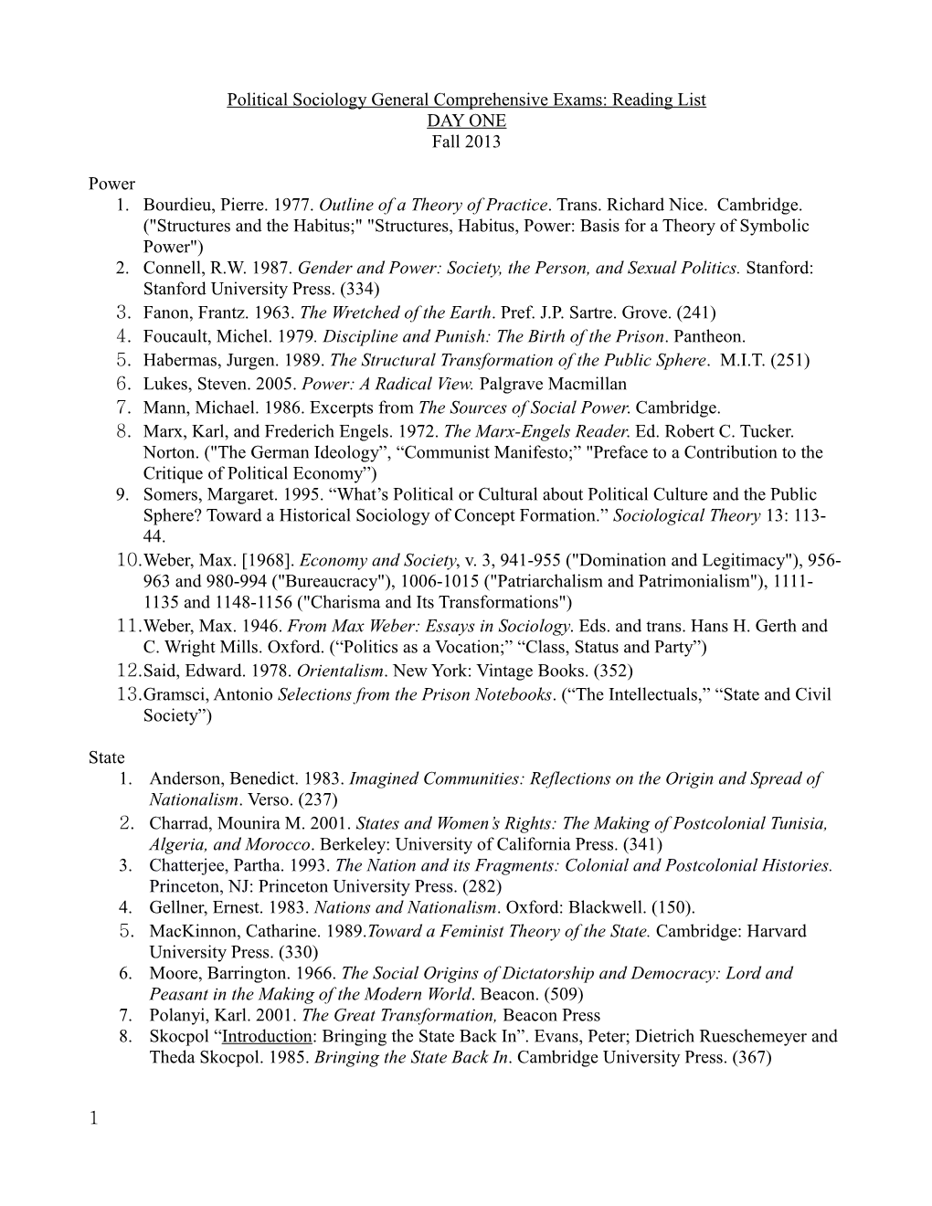 Political Sociology General Comprehensive Exams: Reading List