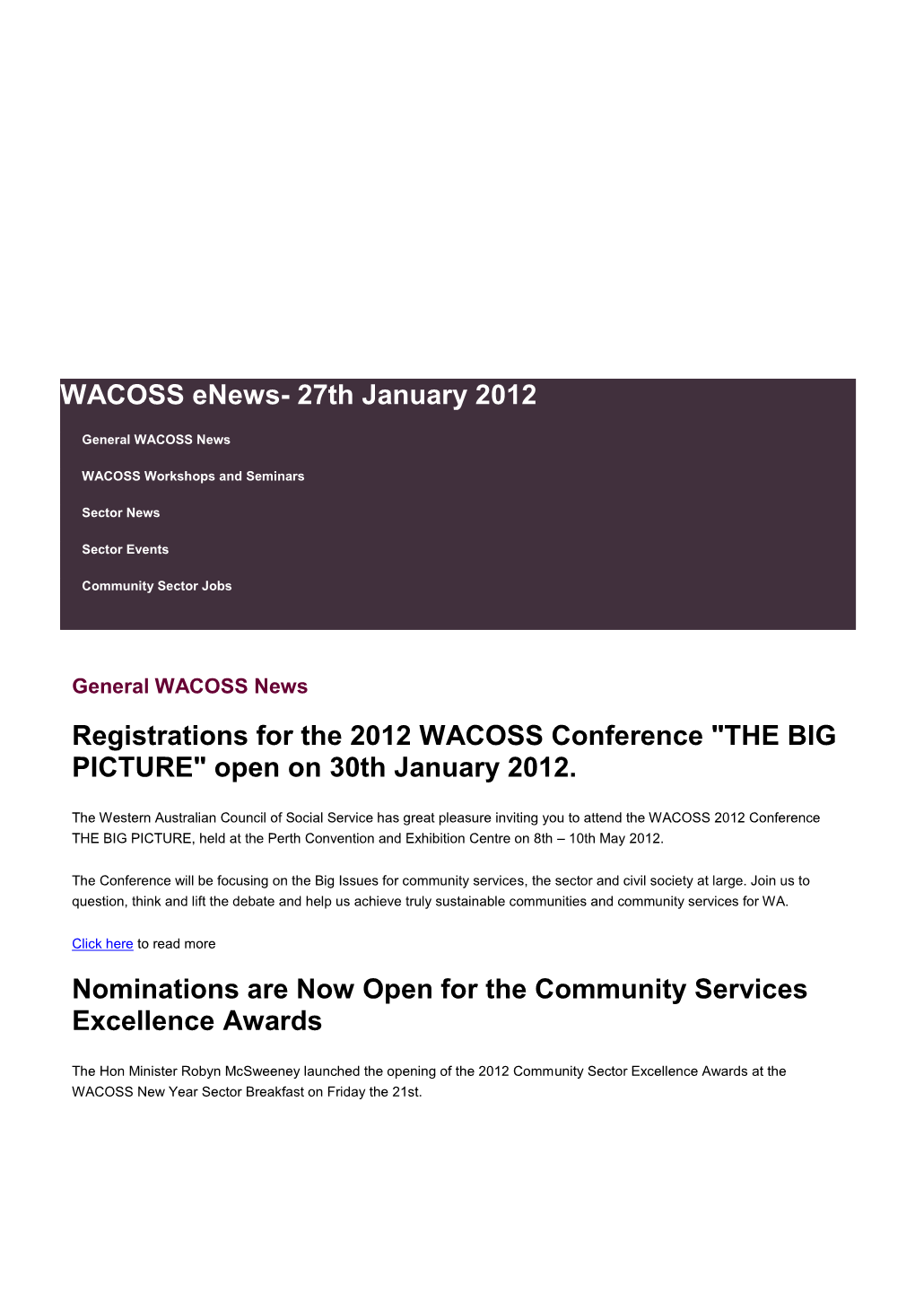 WACOSS Enews- 27Th January 2012 Registrations for the 2012