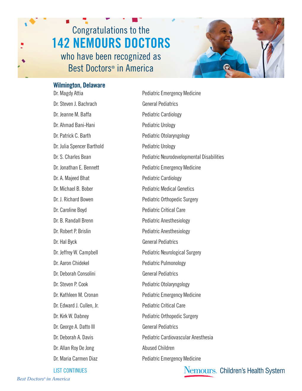 142 NEMOURS DOCTORS Who Have Been Recognized As Best Doctors® in America