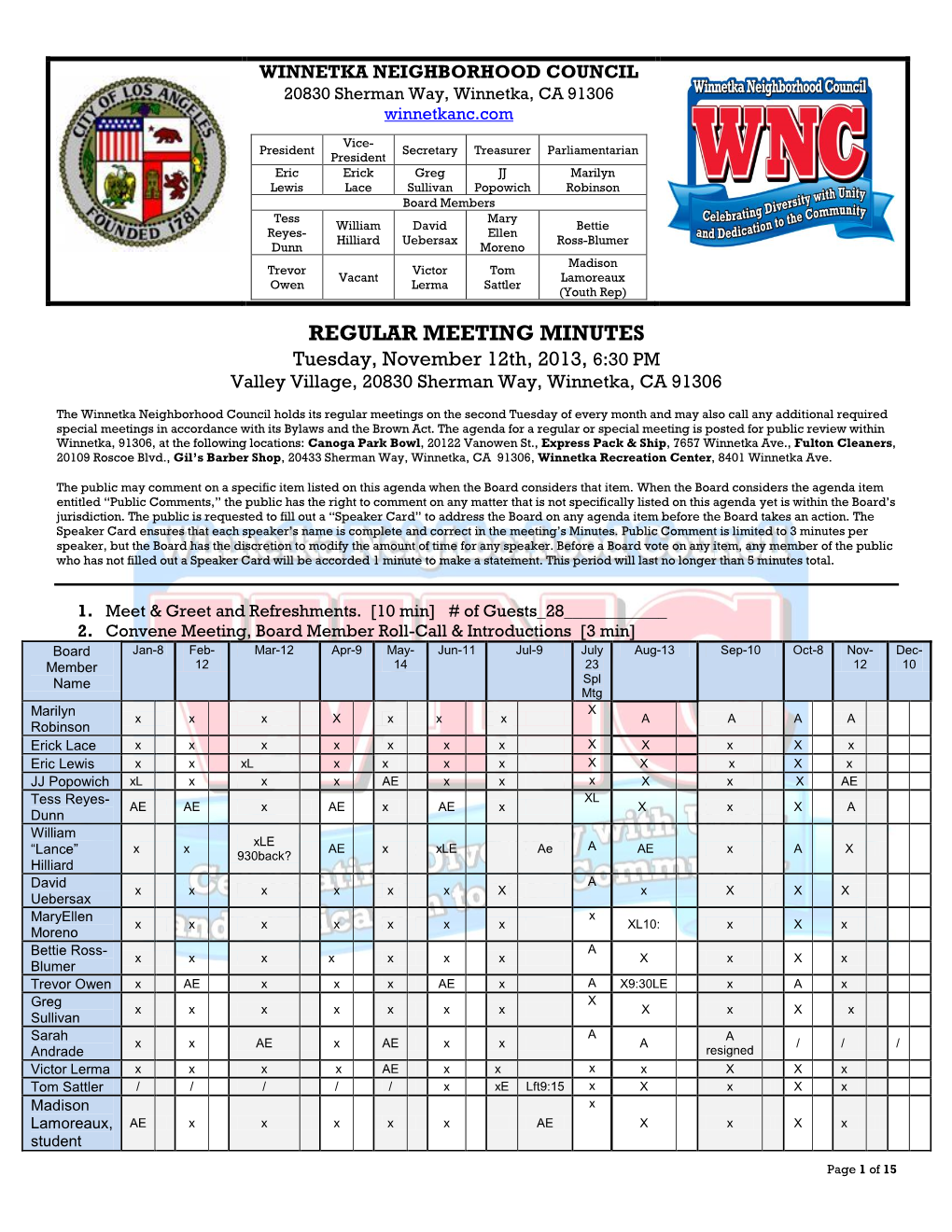 REGULAR MEETING MINUTES Tuesday, November 12Th, 2013, 6:30 PM Valley Village, 20830 Sherman Way, Winnetka, CA 91306