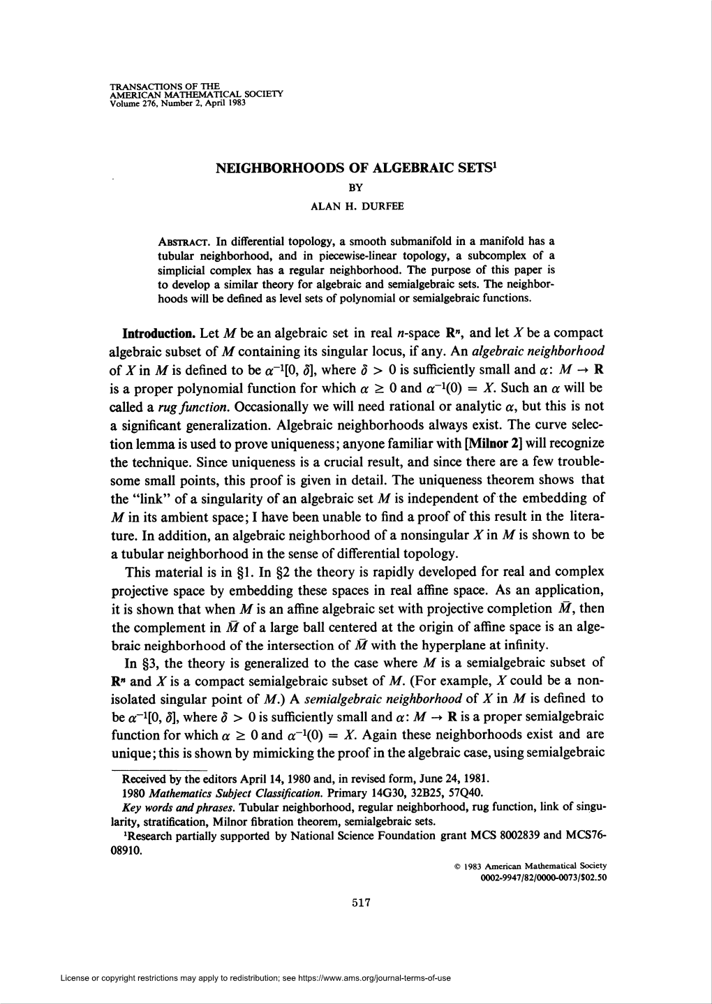 Neighborhoods of Algebraic Sets1 by Alan H