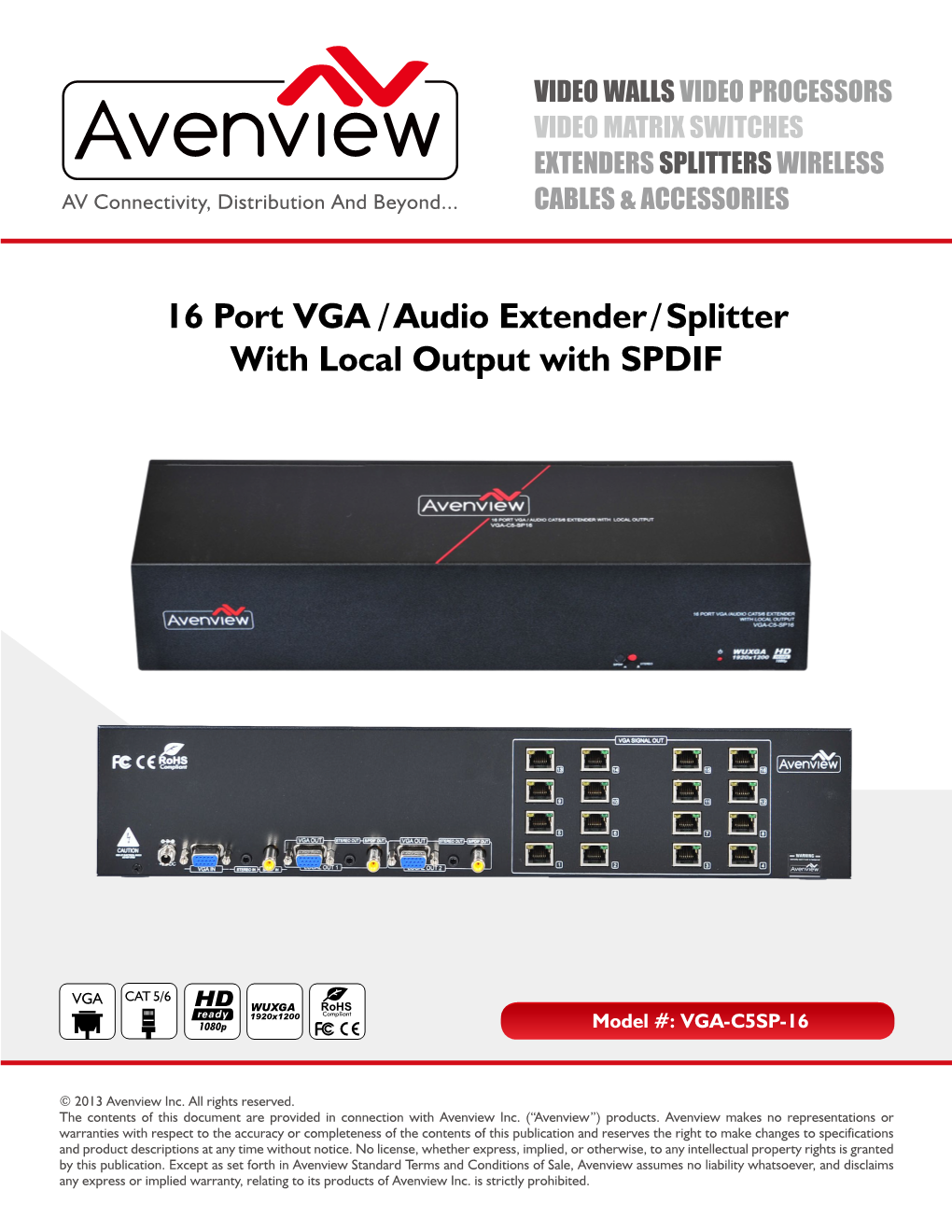 16 Port VGA / Audio Extender / Splitter with Local Output with SPDIF