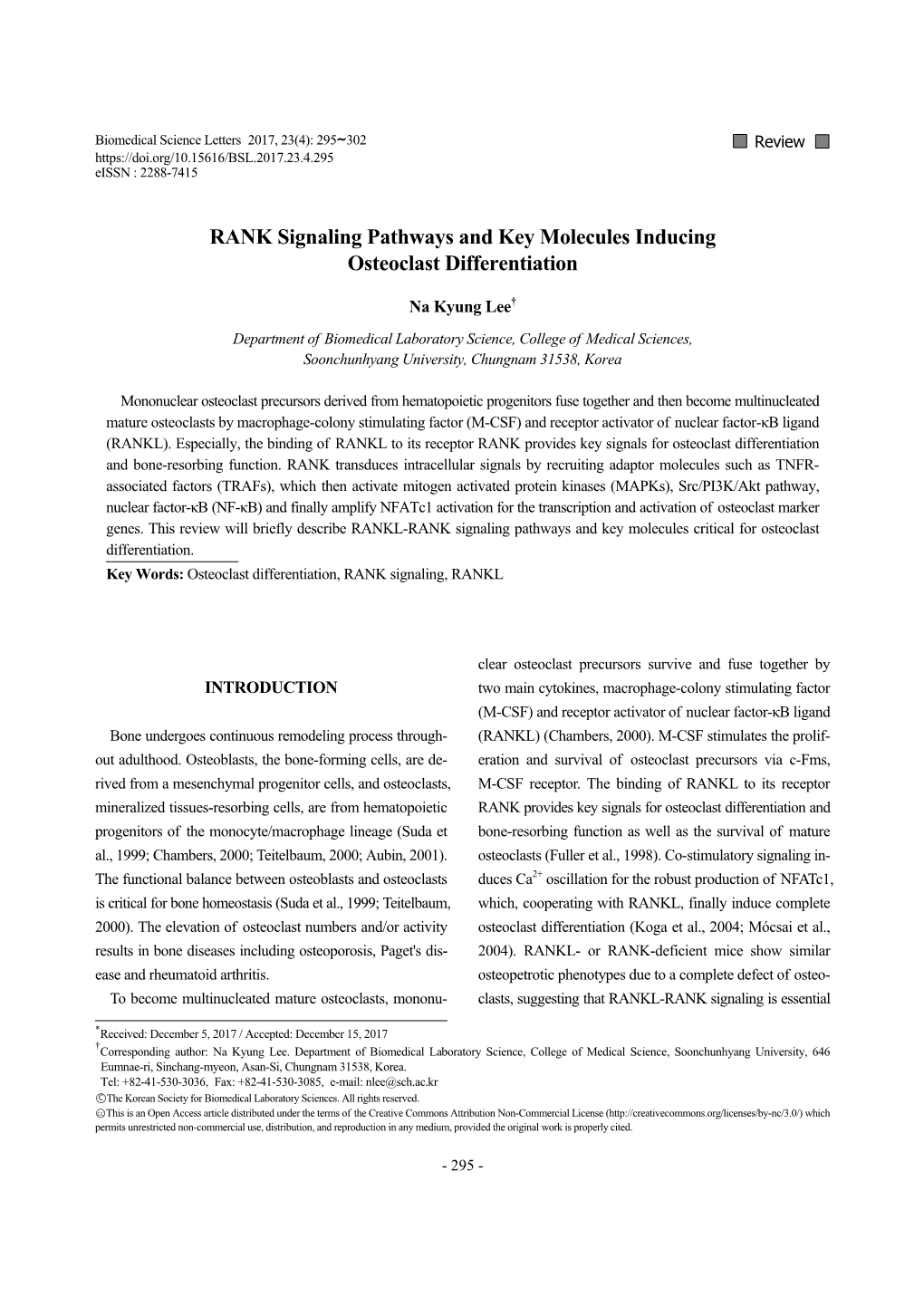 RANK Signaling Pathways and Key Molecules Inducing Osteoclast Differentiation