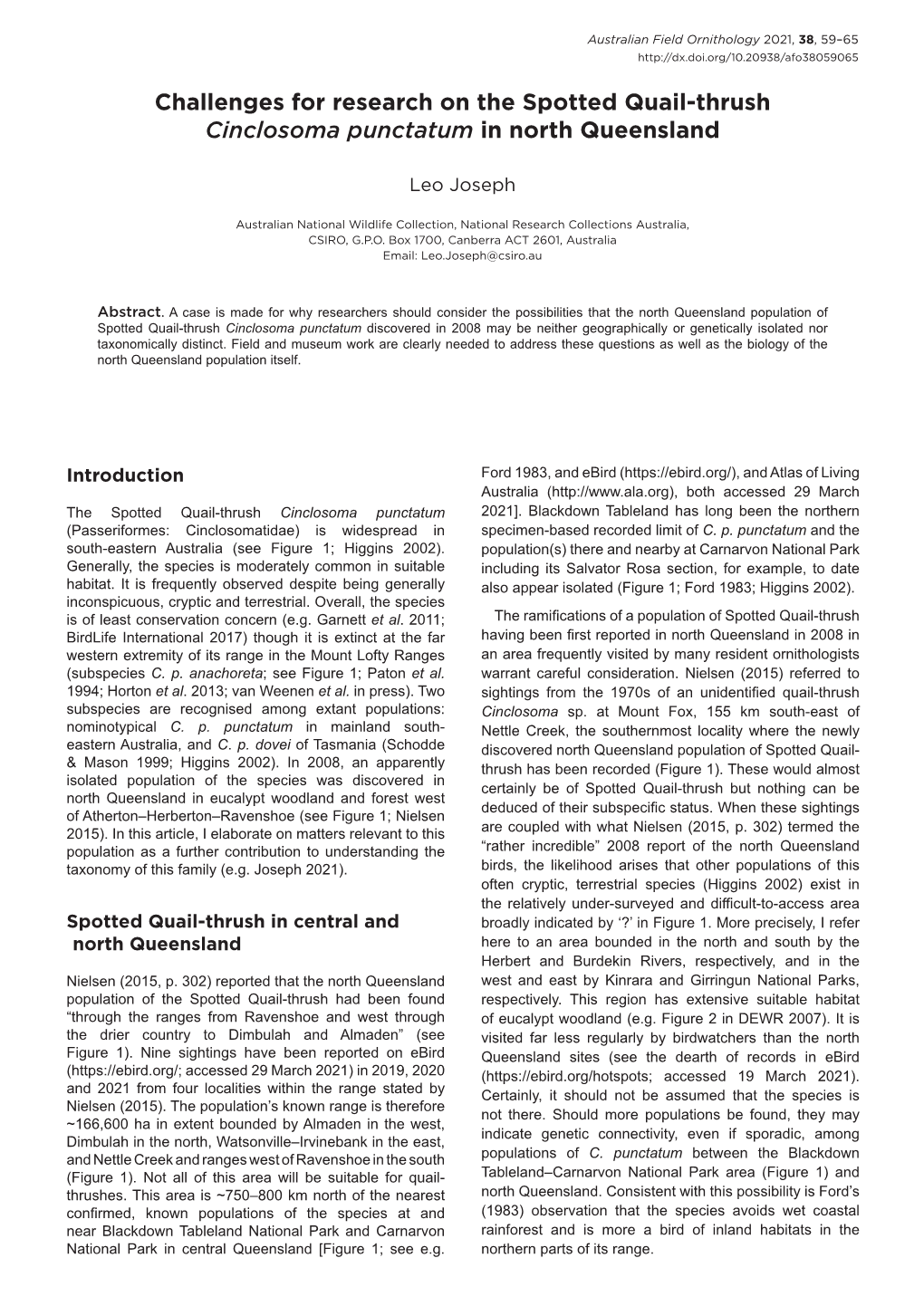 Challenges for Research on the Spotted Quail-Thrush Cinclosoma Punctatum in North Queensland