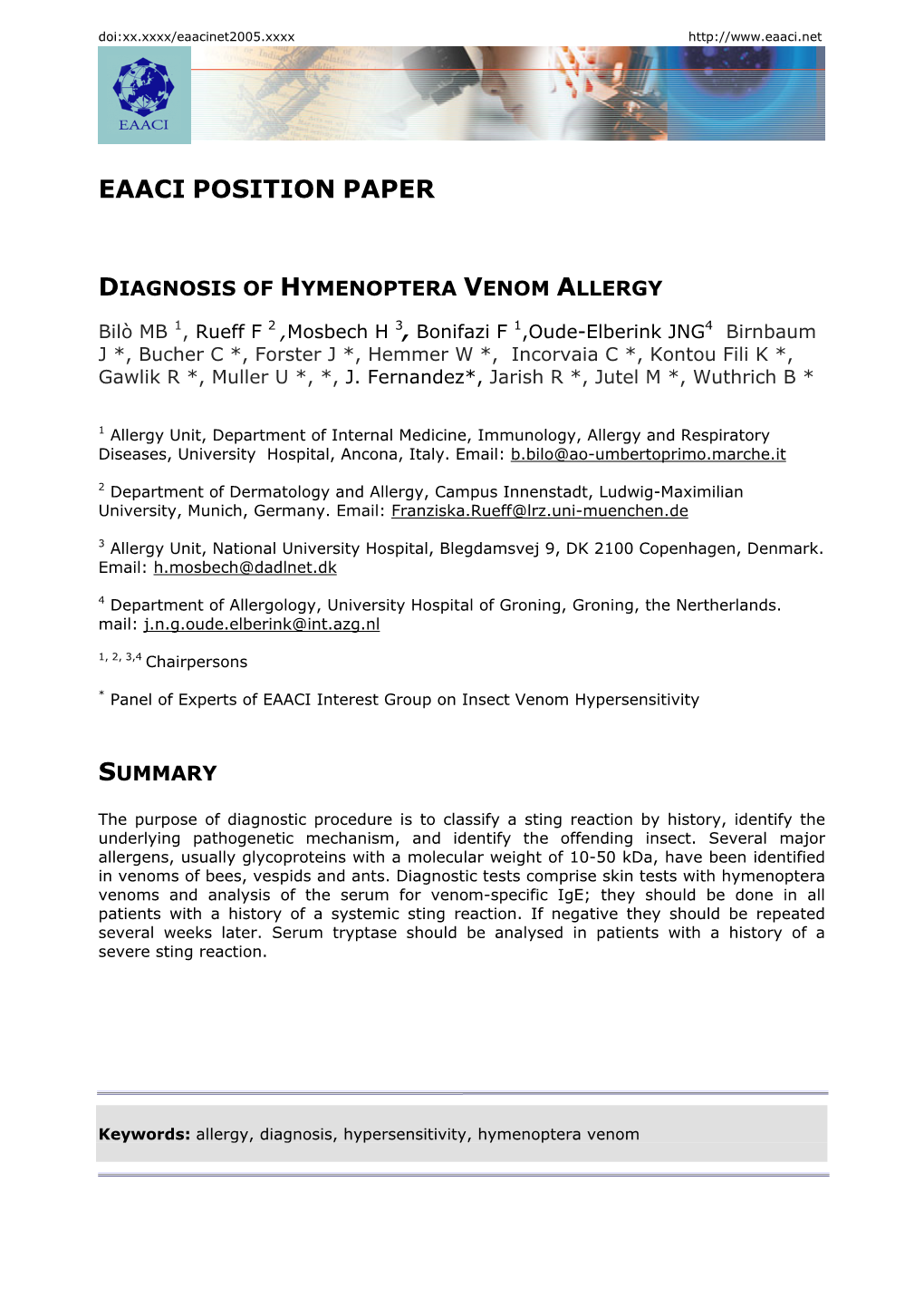 Eaaci Position Paper Diagnosis of Hymenoptera Venom Allergy